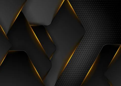 Dark perforated tech background with orange neon hexagons Stock Illustration