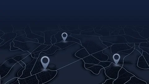 Dark perspective urban map landscape with three grey destination markers. Illustrazione stock