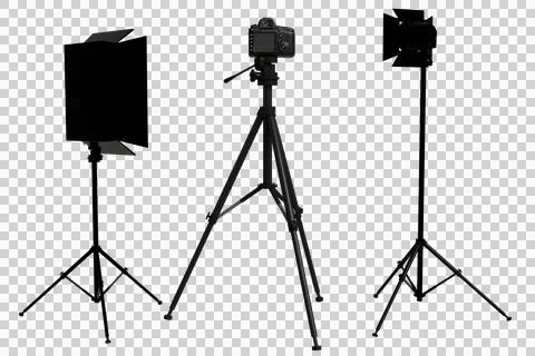 Dark photography studio setup camera on tripod, rectangular light panel Stock Photos