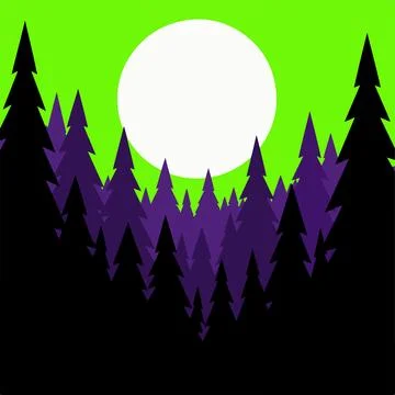 Dark pine forest silhouette against bright moon on neon green background fo.. Ilustração Stock