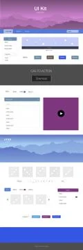 Dark Pink, Blue vector ui ux kit with hills and rocks. Stock Illustration