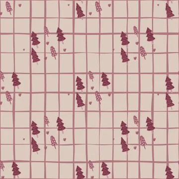 Dark pink fir tree elements seamless doodle pattern. Forest ornament on grey  Stock Illustration