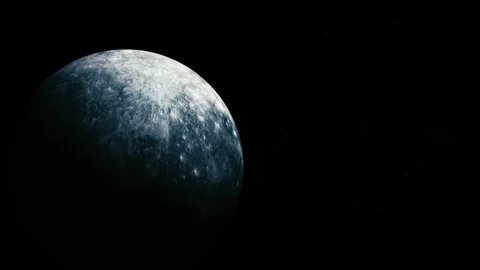 Dark planet in deep space with a bright rocky surface and black background Stock Footage 340383414