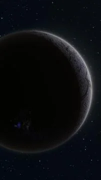 Dark planet in deep space with a glowing crescent rim light and starry back.. Stock Illustration