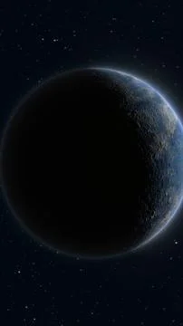 Dark planet with glowing rim light against a starry deep space background, .. Stock Illustration