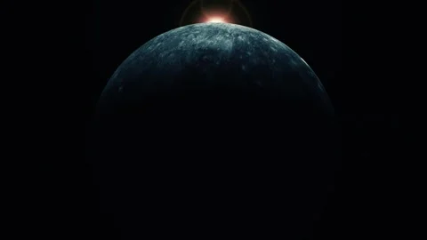Dark planet rising in space with a bright sunrise at the horizon and a blac.. Stock Footage 340389442