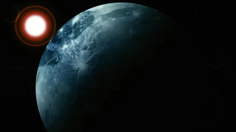 Dark planet in space with bright glowing sun and starry black background Stock Footage 340382825