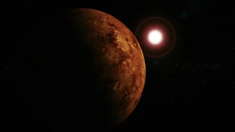 A dark planet in space with a bright star nearby, showing a glowing surface.. Stock Footage 340382906