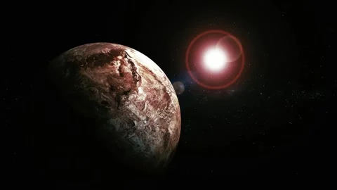 Dark planet in space with bright star light and lens flare on a black backg.. Stock Footage 340383273