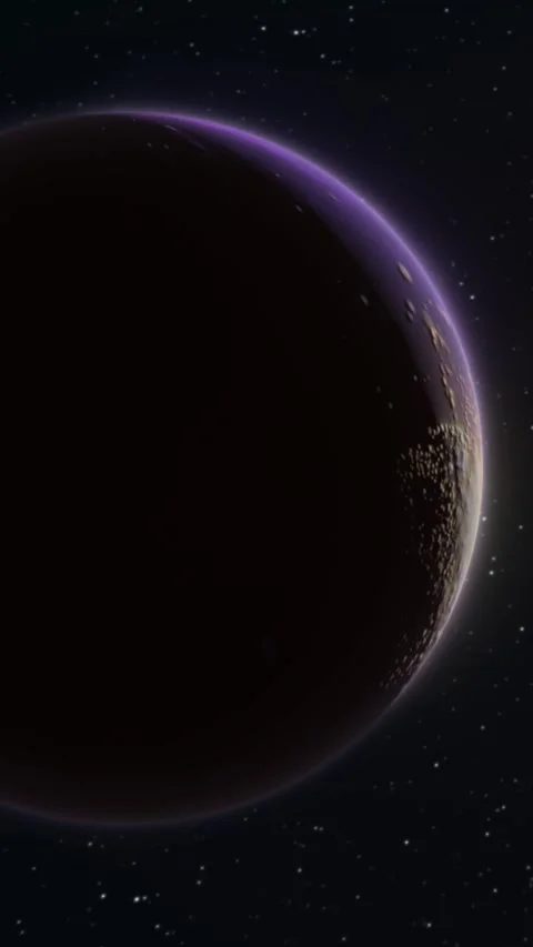 Dark planet with violet rim light and drifting asteroid dust in deep space,.. Video stock 327014512