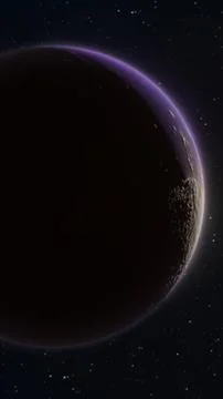 Dark planet with violet rim light and drifting asteroid dust in deep space,.. Stock Illustration