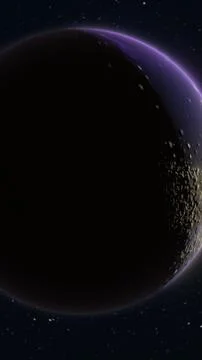 Dark planet with violet rim light and drifting asteroid dust in deep space,.. Stock Illustration