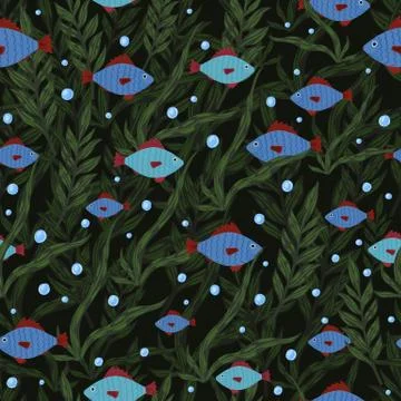 Dark plankton print seamless pattern, Blue fishes and random seaweed silhouet Illustrazione stock