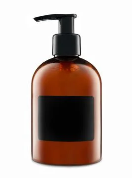 Dark plastic pump bottle with blank black label. Stock Photos