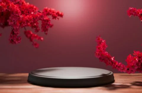Dark podium with red cherry blossom branches 3D scene Stock Illustration