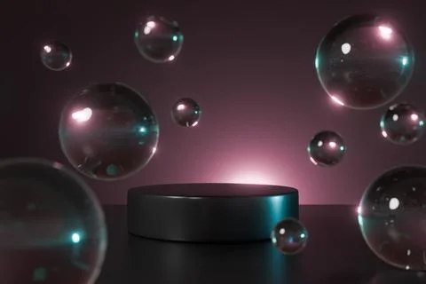 Dark podium scene with floating realistic bubbles Stock Illustration