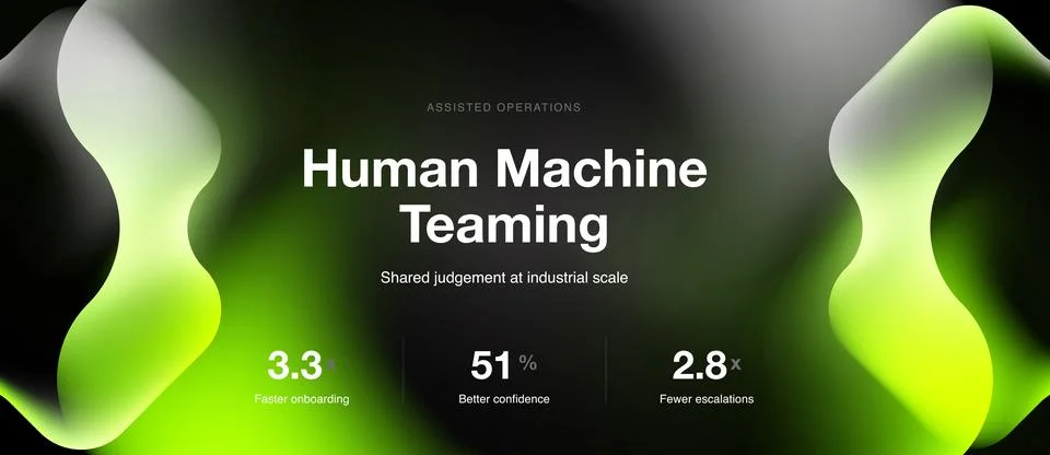 Dark presentation displays Human Machine Teaming concept. Metrics highlight Иллюстрация