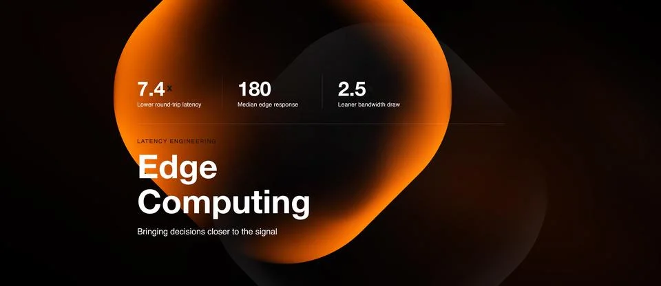 Dark presentation highlights edge computing benefits. Metrics show latency Stock Illustration
