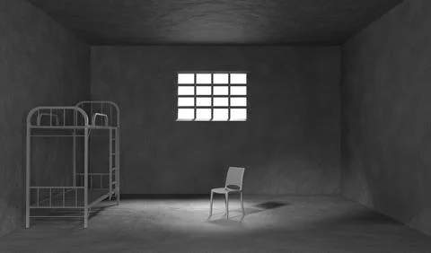 Dark prison cell with bunk bed, chair and metal bars on window 3d render Ilustración de archivo