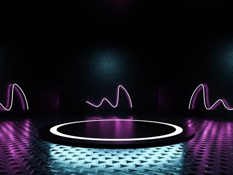 Dark product showcase stand presentation podium with laser neon light and cyber Stock Illustration