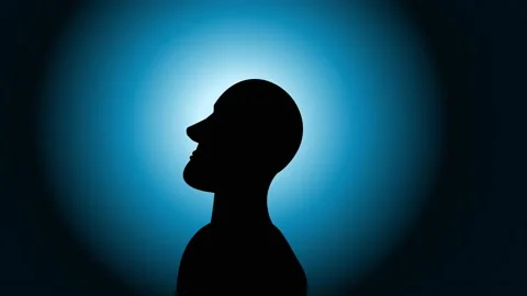 A dark profile shadow in a sad attitude over a blue light. 4k video Stock Footage 152712738