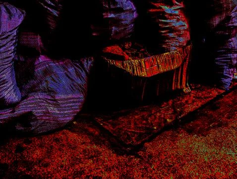 Dark Psychedelic Neon Red Abstract Urban Waste Sack Pattern with Glitch Effec Stock Photos