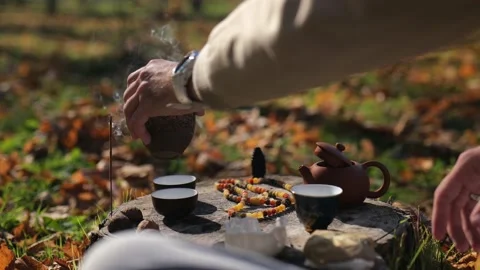 Dark pu-erh is poured into tea bowls. chinese tea ceremony concept Stock Footage 229858891