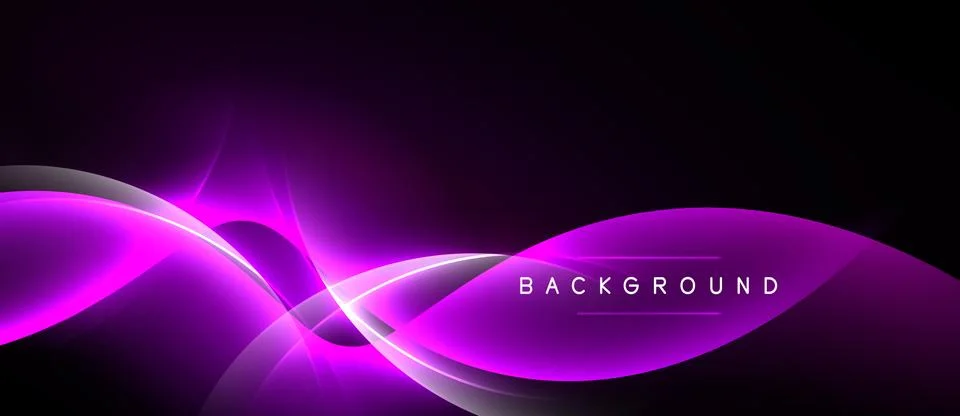 Dark purple background features vibrant, flowing neon lines. Abstract design Illustrazione stock