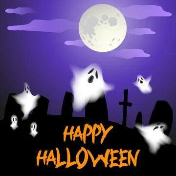 Dark purple background, orange text Happy Halloween. Howling ghosts, against Stock Illustration