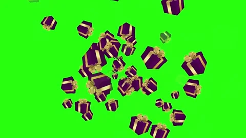 Dark purple gift boxes with golden ribbons fly outward from the center Stock-Footage 331429081