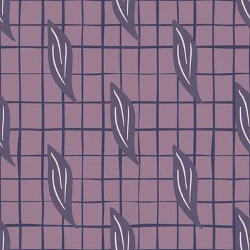 Dark purple seamless doodle pattern with simple leaves ornament. Purple chequ Stock Illustration