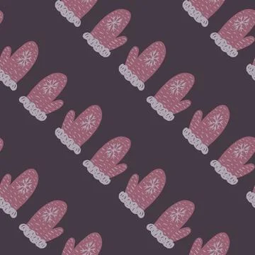 Dark purple seamless pattern with doodle knitted wool mittens. Winter backdro Stock Illustration