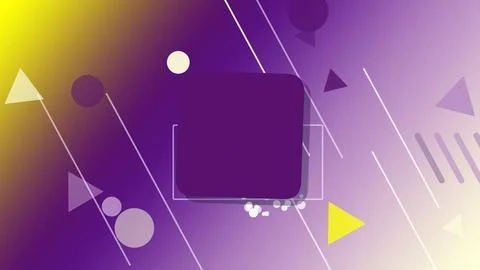 A dark purple speech bubble-like square sits in a colorful geometric scene .. Stock Illustration