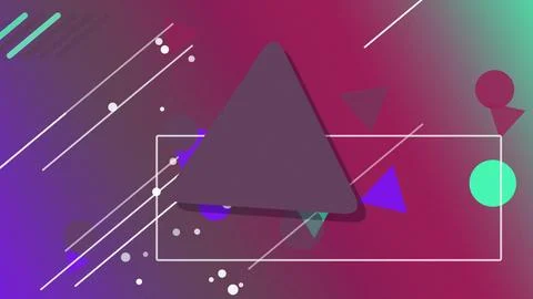 A dark purple triangular 3D shape floats amid neon circles and lines, with .. Ilustración de archivo