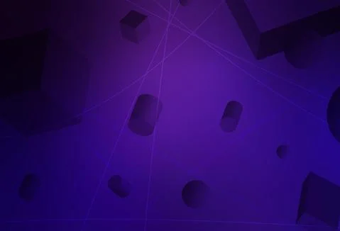 Dark Purple vector backdrop with 3D cubes, cylinders, spheres, rectangles. Stockillustratie