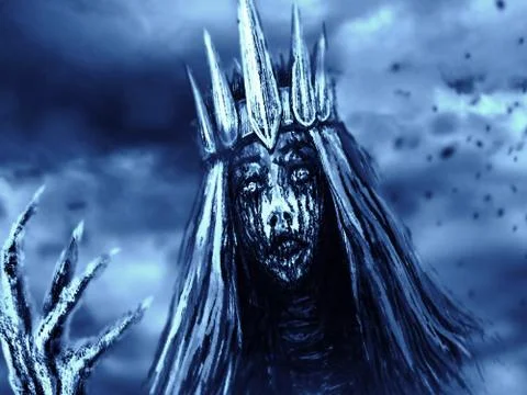 Dark queen with crown pulls bony hand. Blue background color. Stock Illustration