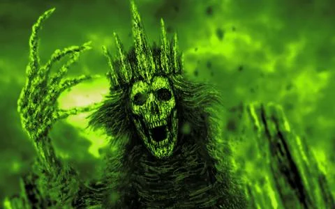 Dark queen with crown pulls bony hand. Green color. Stock Illustration