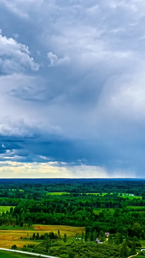 Dark Rain Clouds Above Green Farmland and Forest with Distant Rainfall Stock Footage 344028262