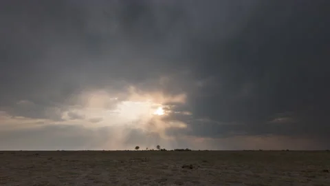 Dark Rain Clouds Gather Over African Desert Plains in Nxai Pan National Stock Footage 134939793