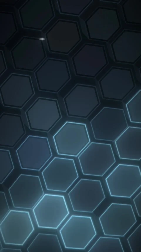 A dark, raised-looking hexagonal grid fills the frame as cool blue illumina.. Stock Footage 348763349