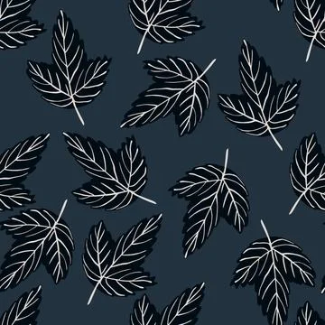 Dark random seamless pattern with black outline leaf shapes. Navy blue backgr Stock Illustration