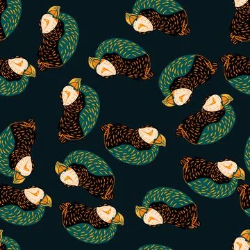 Dark random seamless pattern with black and green colored puffin bird print.  Stock Illustration