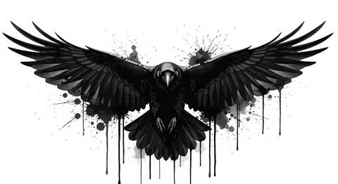 Dark Raven Bird Spread Wings Ink Splatter Grunge Style Stock Illustration