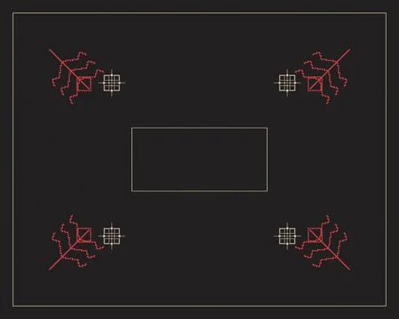 A dark rectangular frame features four balanced red and gold folk motifs ar.. Stock Illustration