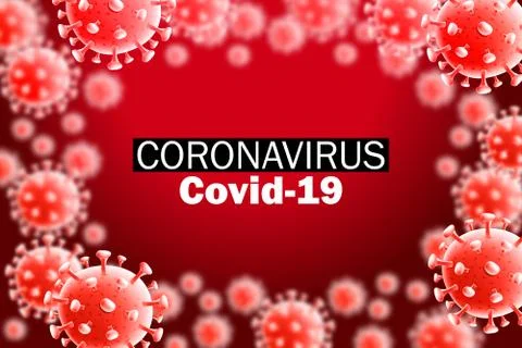 Dark red abstract bokeh background with COVID-19 bacteria cells. Stock Illustration