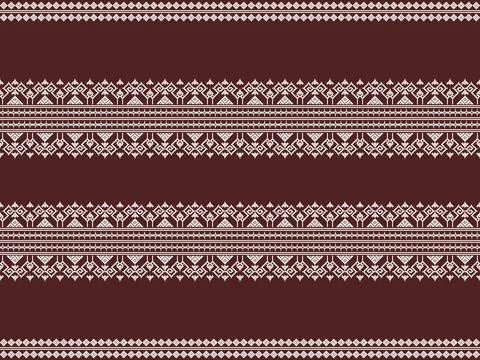 Dark Red and White Geometric Tribal Fabric Pattern, Traditional Ethnic Seamless Stock Illustration