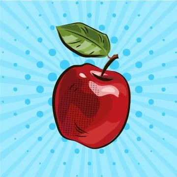 Dark red apple with green leaf on blue background, food, eco, illustration, hand Stock Illustration