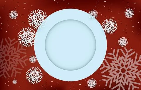 Dark red background with blank circle frame decorated with snowflakes. Stock-Illustration