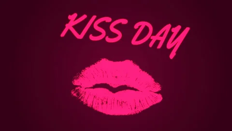 On a dark red background, a pink, neon lipstick print and the inscription Kiss Stock Footage 238847327