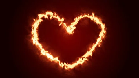 On a dark red background, the shape of the heart burns with fire. Animation for Stock Footage 232026560